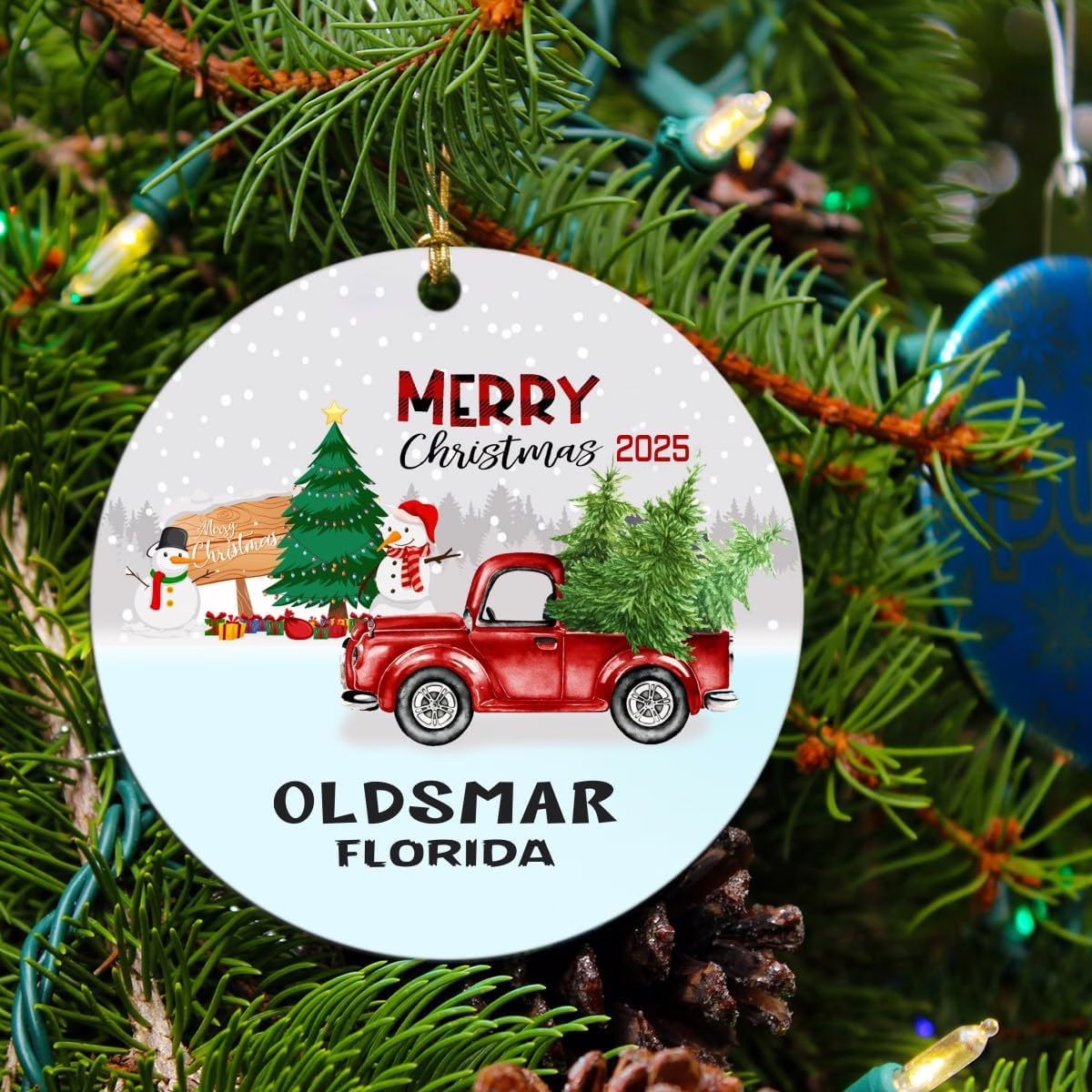 Christmas Ornament Tree 2025 Ornaments with Name City State Oldsmar Florida Gift Long Distance Love Decoration for Xmas Gifts for Family Best Friends MDF Plastic 3″ White