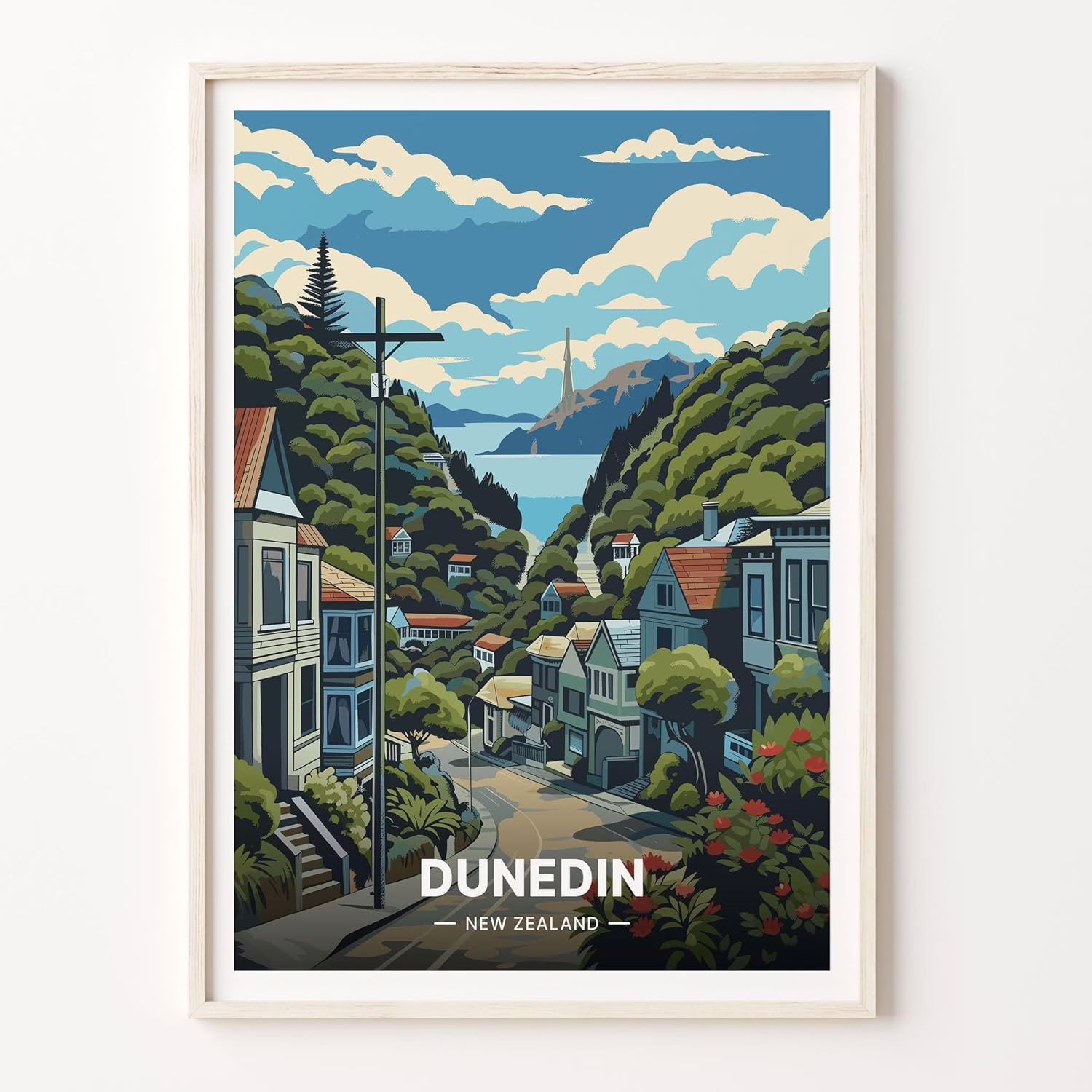 Dunedin New Zealand Travel Poster, Cityscape Art, Adventure Wall Decor, Unique Birthday or Wedding Gift